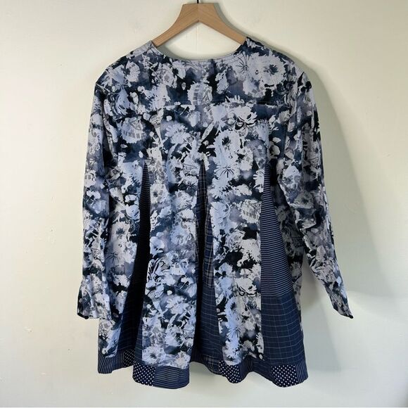 Textile hARvesT Floral Mixed Media Recycle Fabric Button-Up Shirt Large - Picture 5 of 7